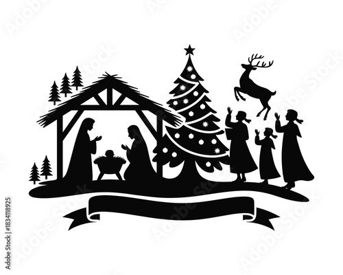 Nativity scene silhouette with christmas tree reindeer and three wise men