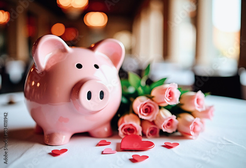 A piggy bank with heart-shaped glasses on table in restaurant during a date, with flowers and glasses of wine. Heart-shaped balloons at background