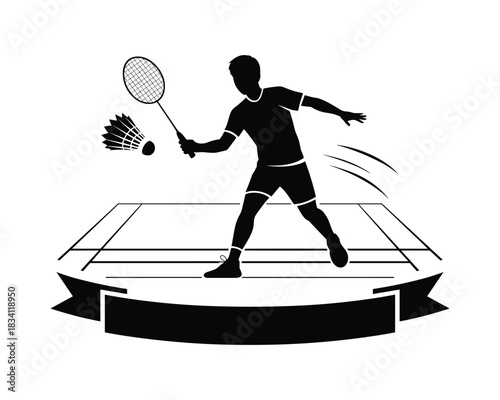 Badminton player silhouette ready to hit shuttlecock over net on court
