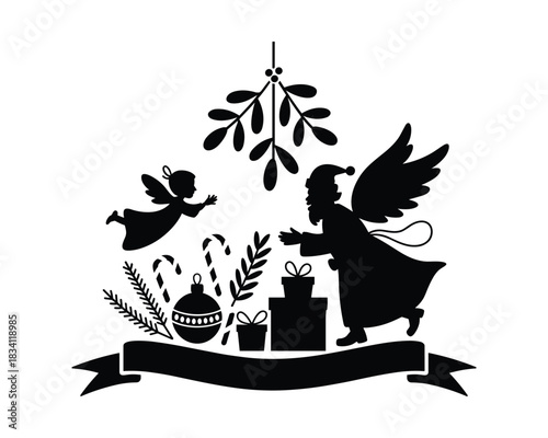 Silhouette christmas scene with angel santa mistletoe presents and candy canes