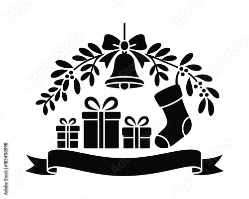 Festive christmas silhouette with gifts bell stocking and foliage