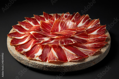 Delicious Spanish Iberian ham slices arranged on a serving plate. Thinly sliced jamón ibérico is a gourmet delicacy, often served as an appetizer or tapa.