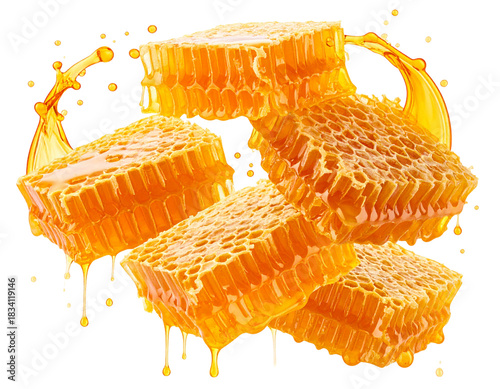 Dynamic Flying Honeycomb Pieces with Honey Splash in Curved Motion, Isolated