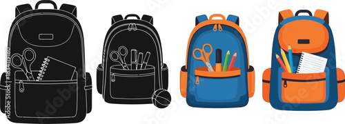 Four backpacks in different styles and colors for school or travel