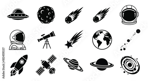 Space exploration icons vector set astronaut rocket planets and more