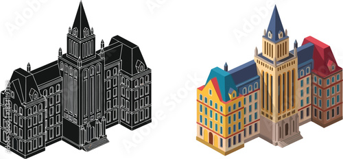 Isometric city hall comparison detailed black and white outline versus vibrant colored illustration