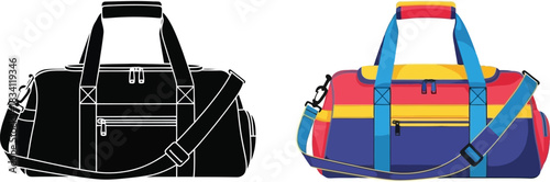 Colorful and black duffel bag illustration for travel and sports