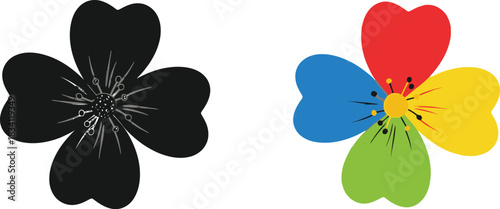 Colorful and black four leaf clover illustrations on white background