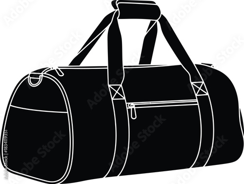 Black duffel bag illustration with white outline on a white background