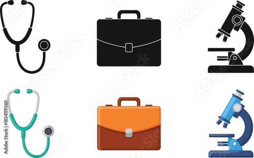 Medical and professional equipment stethoscope briefcase and microscope icons