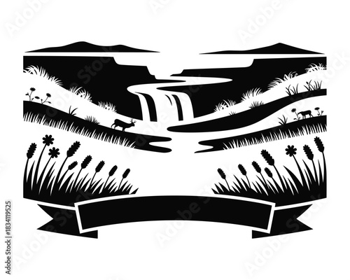 Black and white landscape illustration with waterfall mountains and wildlife