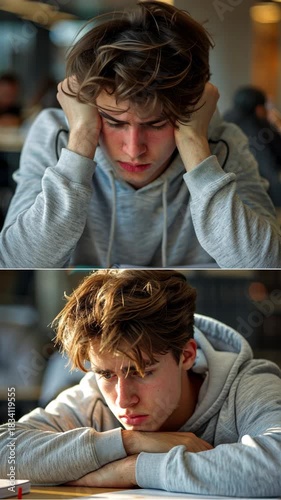 selective focus student struggling with schoolwork homework study frustration