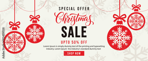Festive Christmas sale banner with bold red snowflake ornaments, elegant holiday typography and up to 50 percent off offer on light background, modern seasonal web header design for retail marketing