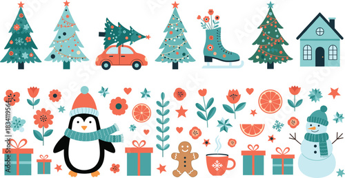 Mega Bundle of Adorable Flat Vector Christmas and Winter Holiday Elements Featuring Decorated Pine Trees, a Cute Penguin, a Friendly Snowman, Gifts, Gingerbread, Hot Cocoa, and a Small House