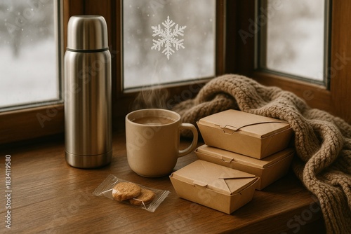 Warm Comfort in a Winter Scene: A Cozy Coffee Experience with Treats by the Window as Snow Falls Outside