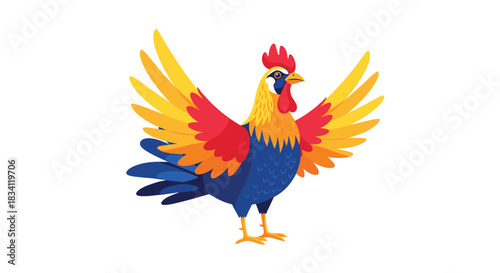 A proud and colorful rooster with magnificent, spread wings showcasing its vibrant plumage in a delightful flat illustration.