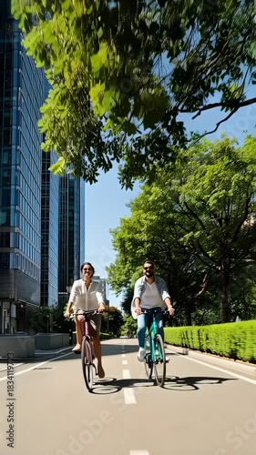 Wallpaper Mural A Joyful Urban Ride: Two Cyclists Enjoy a Beautiful Day Biking Through a Lush Park Surrounded by Modern Buildings and Clear Blue Skies. Torontodigital.ca