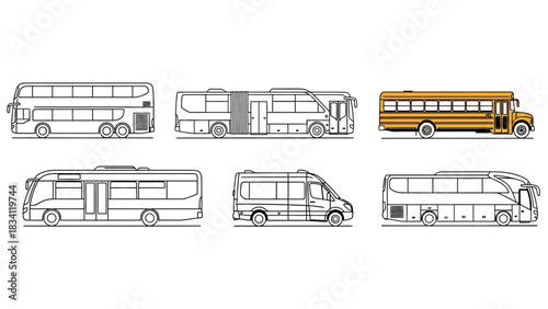 Collection of various bus types including school bus, double-decker, and coach, presented as a vector line art illustration set