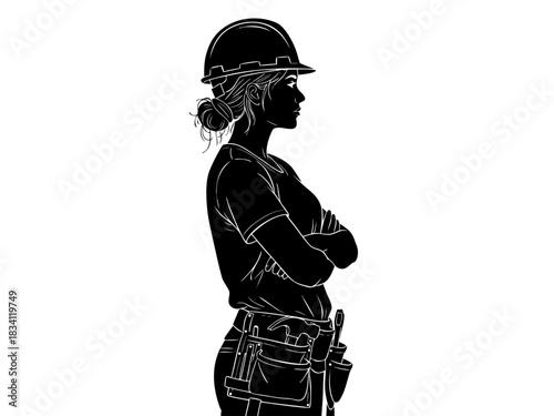 Profile silhouette of a confident female construction worker with a hard hat and tool belt, a vector illustration for industry concepts. c