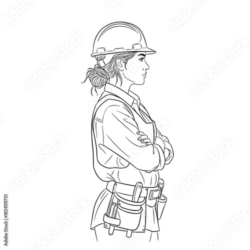 Illustration of a woman construction worker wearing a hard hat and tool belt, depicted in profile with crossed arms