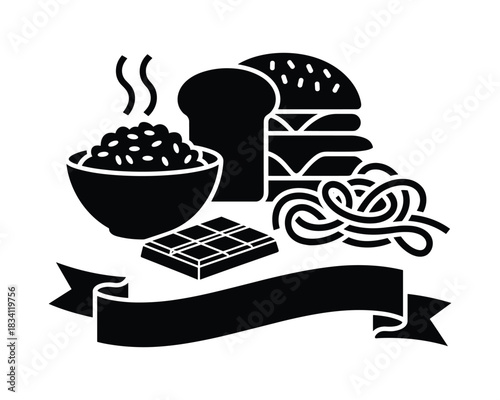 Black and white food icons with banner for text overlay