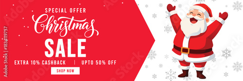 Festive Christmas sale web banner with bold red typography, extra cashback and up to 50 percent off offer, cheerful cartoon Santa Claus on snowy white background, perfect for holiday retail marketing 
