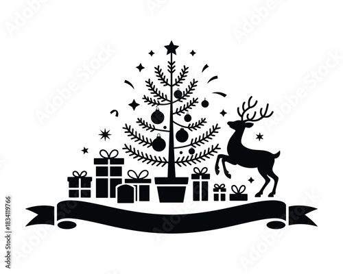 Elegant christmas tree silhouette with reindeer and gifts for holiday designs