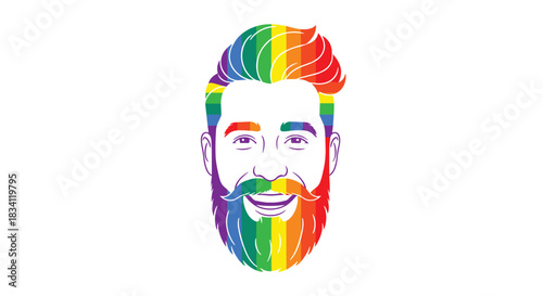 A vibrant, stylized illustration of a smiling man with a rainbow-colored beard and hair, symbolizing LGBTQ+ pride and diversity.