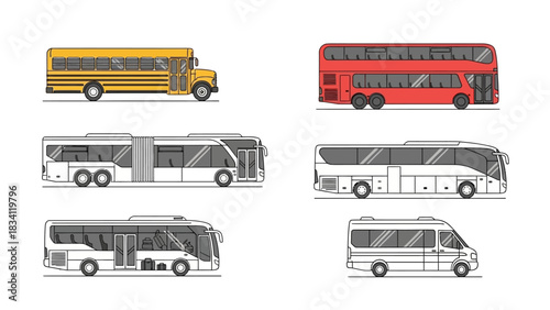 A diverse set of bus illustrations, featuring various models like a school bus, double-decker, and coach for public transport concepts