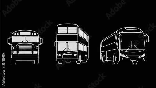 A vector illustration set of various buses, including a school bus, a double-decker, and a tour coach, presented in a clean line art icon style