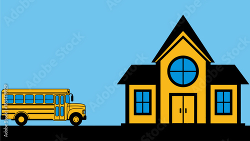 Vector illustration of a classic yellow school bus parked in front of a school building, representing education and student transportation