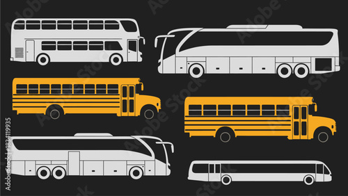 Diverse vector collection of passenger transport vehicles, featuring school buses, city tour coaches, and double-decker bus designs