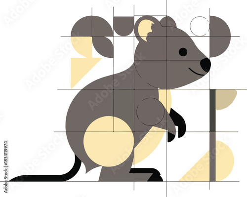 Stylized illustration of a gray animal possibly a quokka on a grid