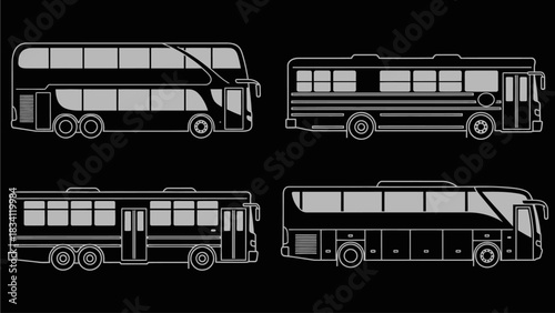 Monochrome line art illustration set of various passenger bus vehicle types for transport and travel concepts