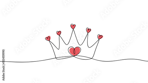 Simple line art crown adorned with delicate red hearts