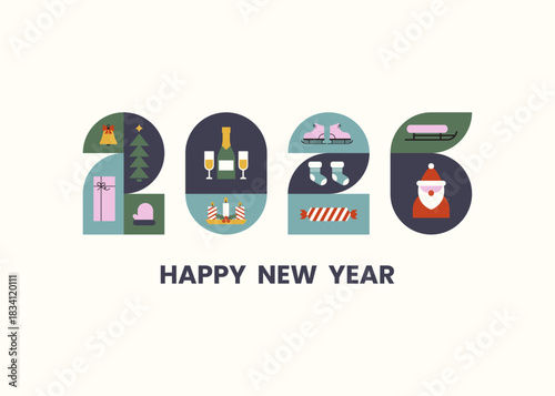 Happy New Year 2026 greeting design in modern geometric style 
