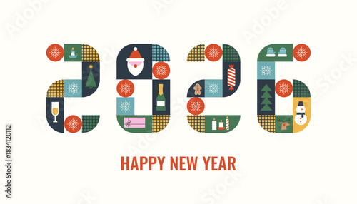 Happy New Year 2026 greeting banner, poster or card design in modern geometric style