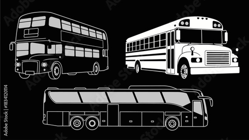 Vector set of bus icons including a double-decker, a school bus, and a tour coach. Monochrome line art illustration of public transport vehicles