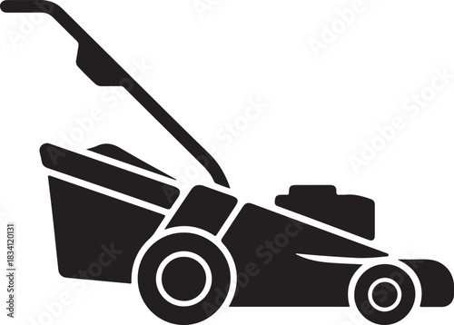 Black vector silhouette of a lawnmower with a grass bag for garden and yard maintenance equipment