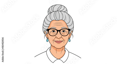 A smiling elderly woman with grey hair tied in a bun, wearing glasses and blue earrings, depicted as a friendly and approachable character.