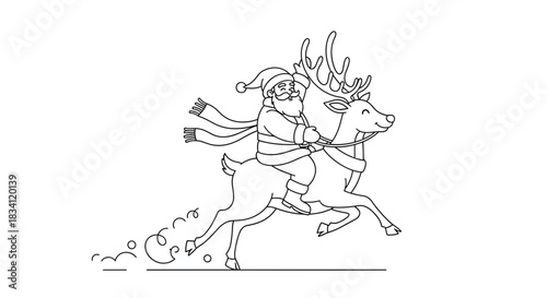 Santa Claus rides a festive reindeer in a cheerful, energetic black and white line art illustration, perfect for holiday themes and designs.