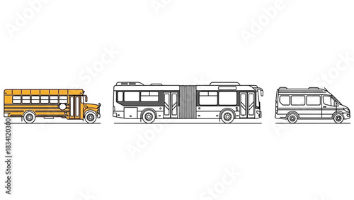 Vector illustration set showcasing different types of ground transport vehicles, including a classic yellow school bus, an articulated city bus, and a passenger van