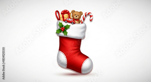 A festive red christmas stocking overflowing with holiday treats including a teddy bear wrapped present toy car candy cane and holly sprigs set against a clean white background with soft shadows