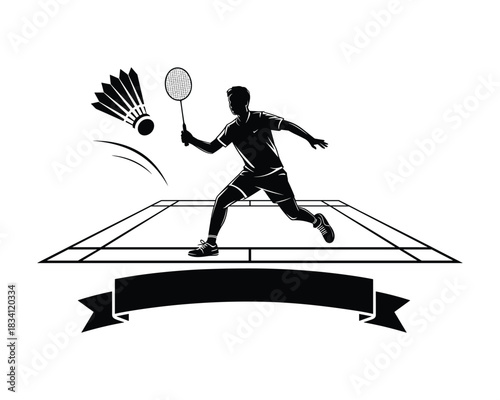 Dynamic badminton player silhouette on court with shuttlecock ready to strike