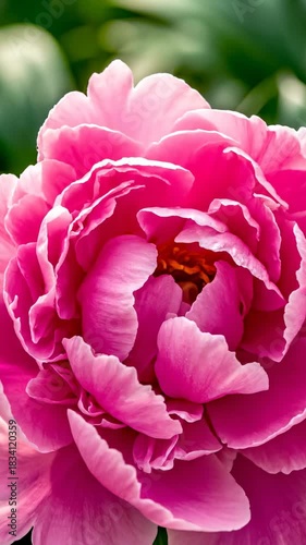 Vibrant Pink Peony in Bloom: A close-up view of a lush, fully bloomed peony flower, bursting with layers of delicate pink petals, showcasing the flower's captivating beauty and intricate textures.