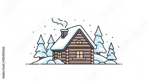Cozy wooden log cabin nestled amongst snow covered pine trees with smoke rising from the chimney on a winter day with falling snowflakes