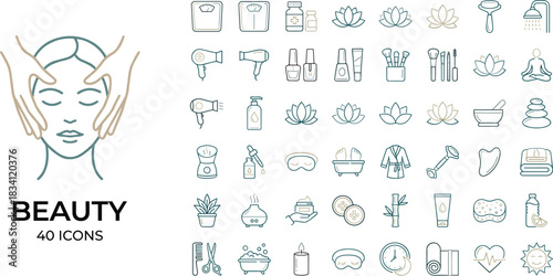 Beauty icons, wellness symbols, skincare tools, spa elements, self-care concept, facial massage, relaxation, hygiene, makeup, grooming, health