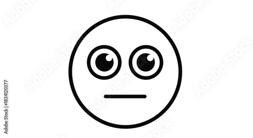 A simple black and white line art illustration of a neutral face emoji with wide open eyes and a straight line mouth, expressing indifference or flatness.