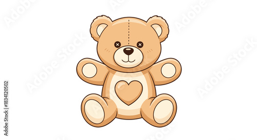 Adorable cartoon teddy bear with a heart on its chest, featuring stitched details and a friendly smile, isolated on white.
