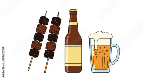 A simple vector illustration of two skewers with food cubes, a brown beer bottle with a label, and a mug of frothy beer.
